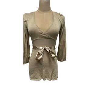 "Say What" Womens Gold Sheer Top Cotton Blend SZ‎ M Sexy Office Babydoll Belted